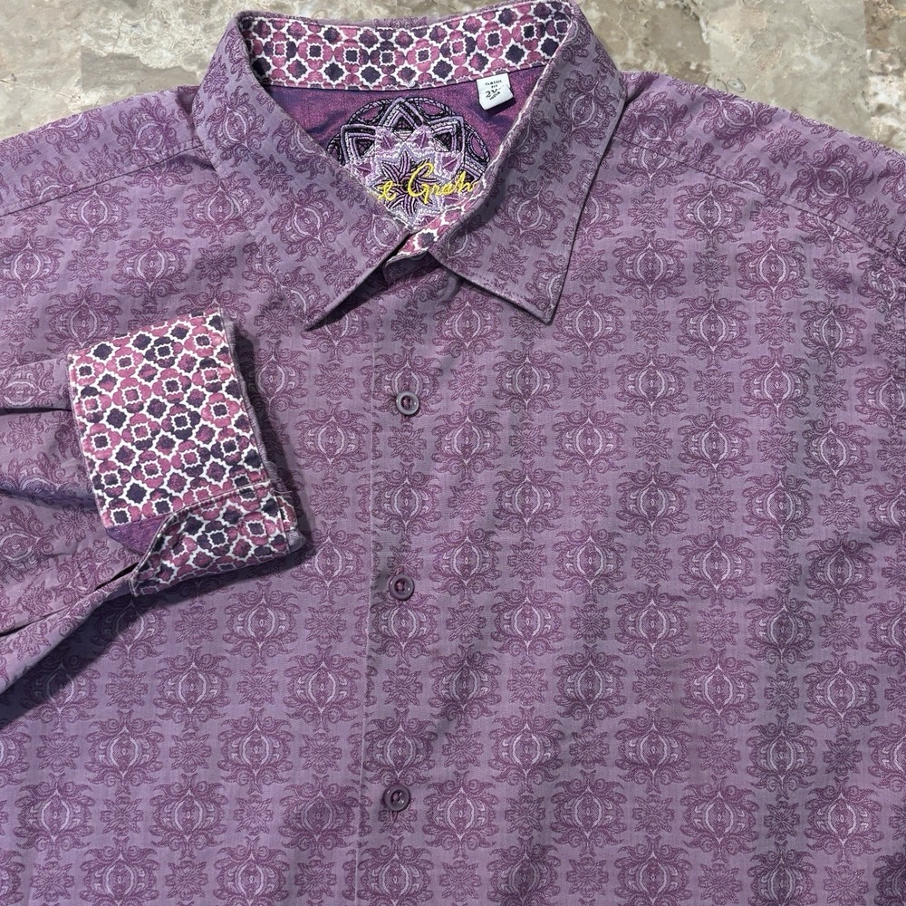 Robert Graham Shirt Mens 2XL Purple Paisley Abstract Long Sleeve Flip Cuff